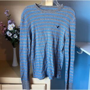 American Eagle Mens XS‎ Blue Gray Stripe Thermal Waffle Knit Y2K Preppy Coastal